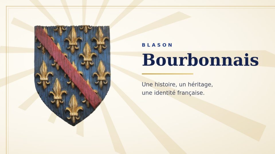 Blason du Bourbonnais : fond bleu semé de fleurs de lys d’or, traversé d’une bande rouge en diagonale