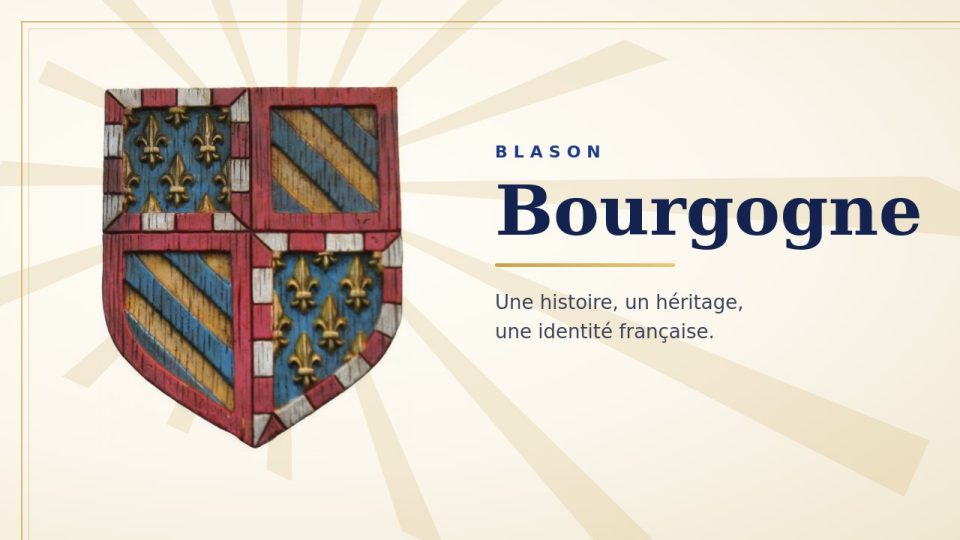 Blason de la Bourgogne : écartelé de fleurs de lys d’or sur azur et de bandes d’or et d’azur, bordures rouges