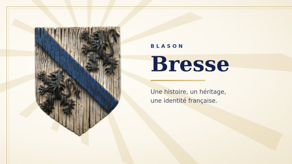Blason de la Bresse : une bande bleue en diagonale accompagnée de deux lions noirs, sur fond clair