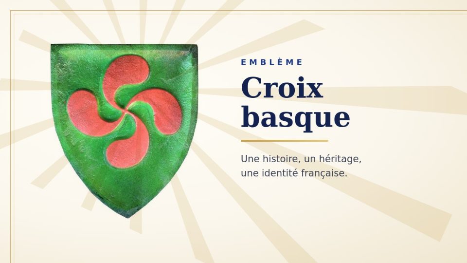 Croix basque (lauburu) : quatre virgules rouges tournant autour d’un centre, sur un écu vert