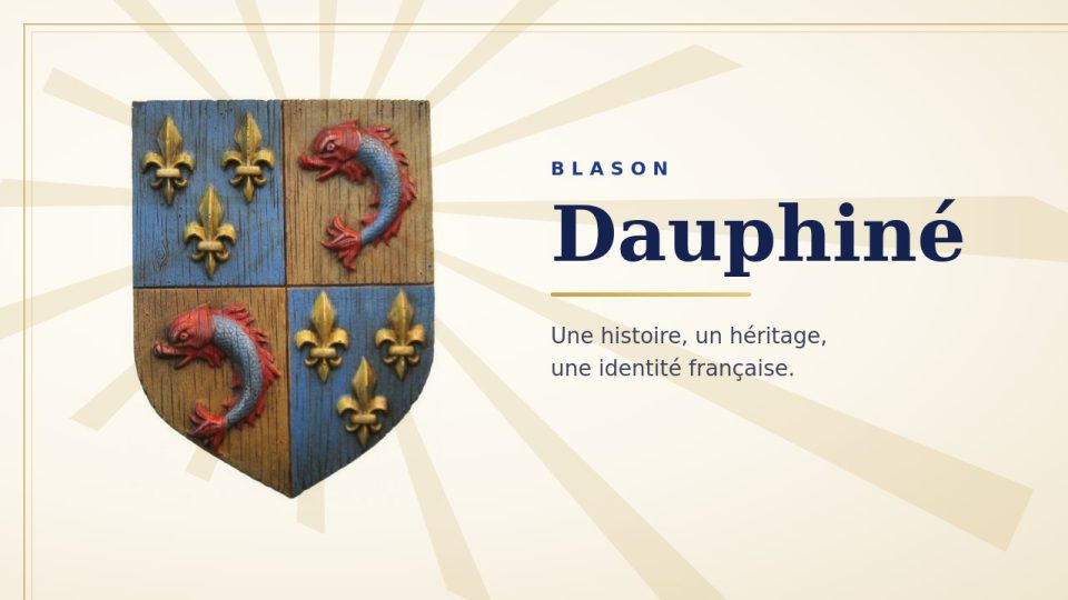 Blason du Dauphiné : écu écartelé de fleurs de lys d’or sur azur et de dauphins bleus et rouges sur fond doré