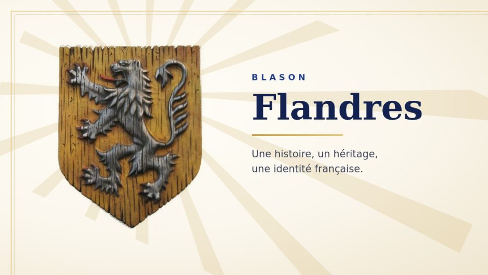 Blason de la Flandre : écu jaune or portant un lion dressé sombre, langue et griffes rouges