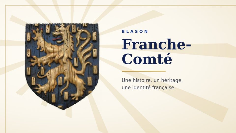 Blason de la Franche-Comté : lion d’or rampant sur fond bleu semé de petits rectangles d’or