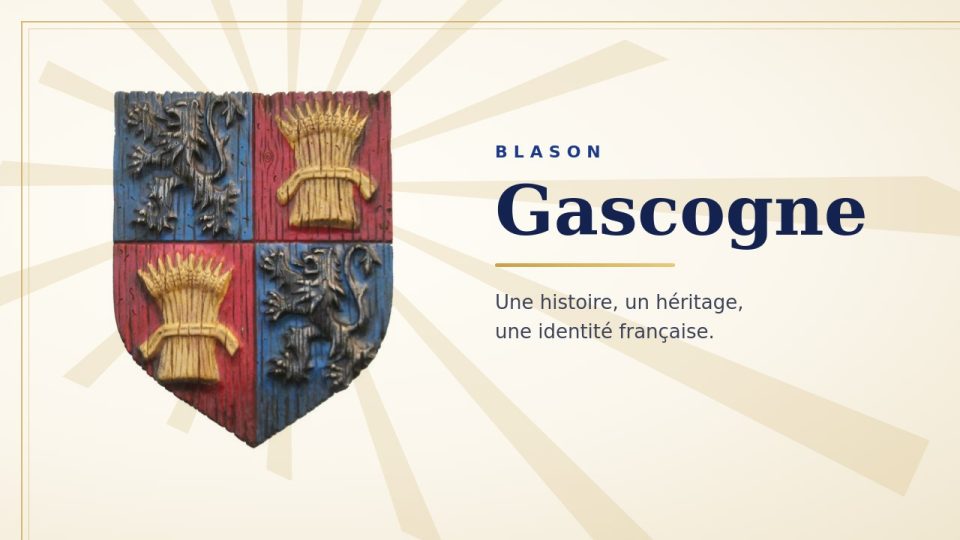 Blason de la Gascogne : écartelé, lions noirs sur fond bleu et gerbes de blé dorées sur fond rouge
