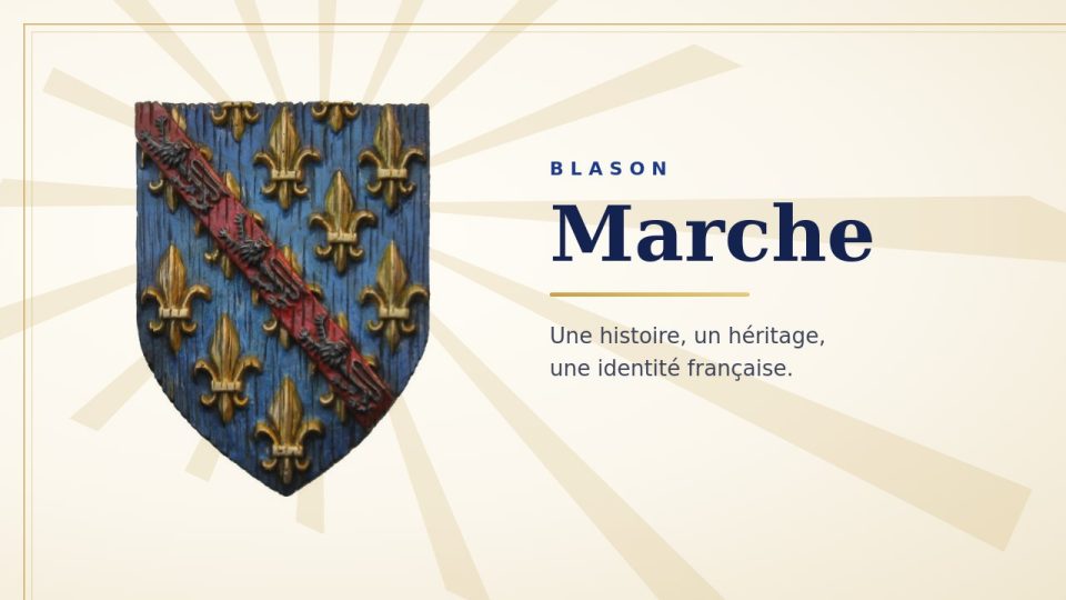 Blason de la Marche : champ bleu semé de fleurs de lis d'or, traversé d'une bande rouge portant trois lions