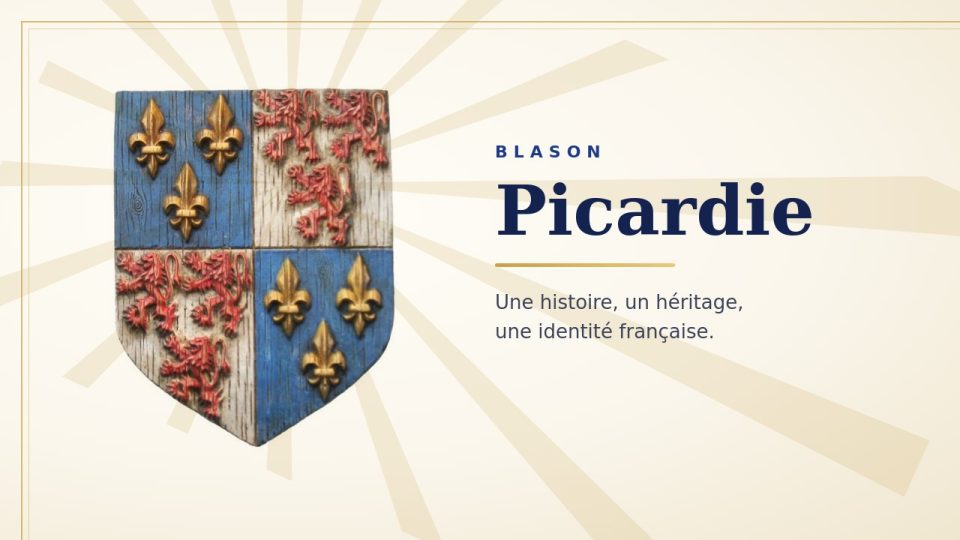 Blason de la Picardie : écu écartelé de fleurs de lys d’or sur azur et de lions rouges sur fond blanc