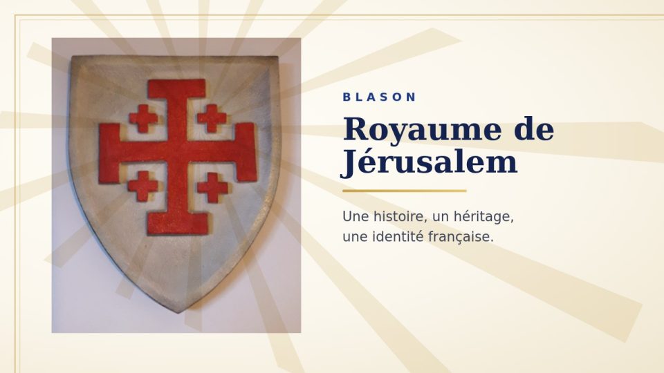 Blason du royaume de Jérusalem : grande croix potencée rouge cantonnée de quatre croisettes sur fond argent