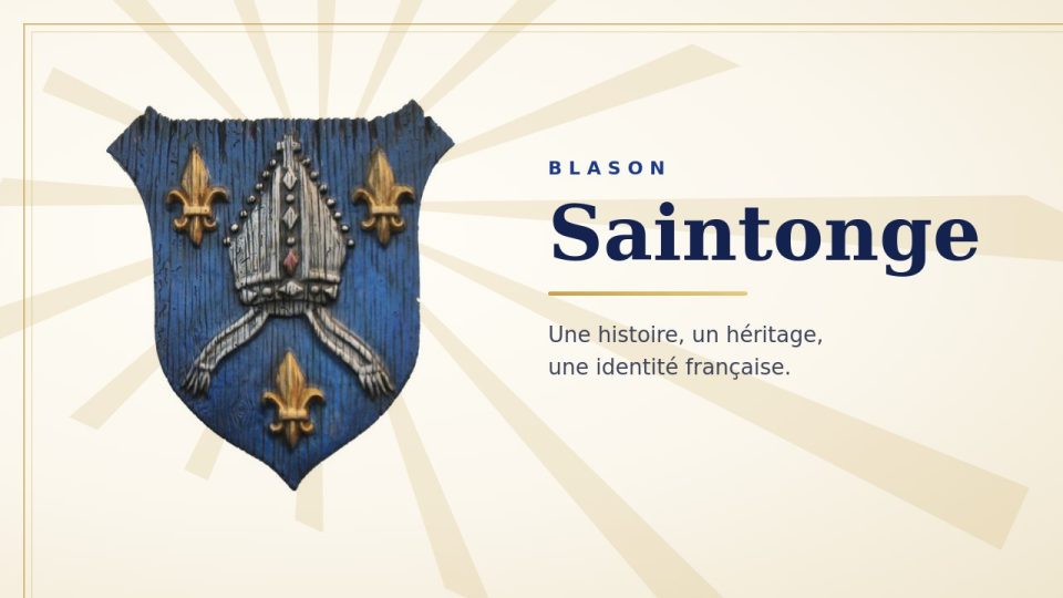 Blason de la Saintonge : écu bleu à une mitre d'évêque d'argent entre trois fleurs de lis d'or