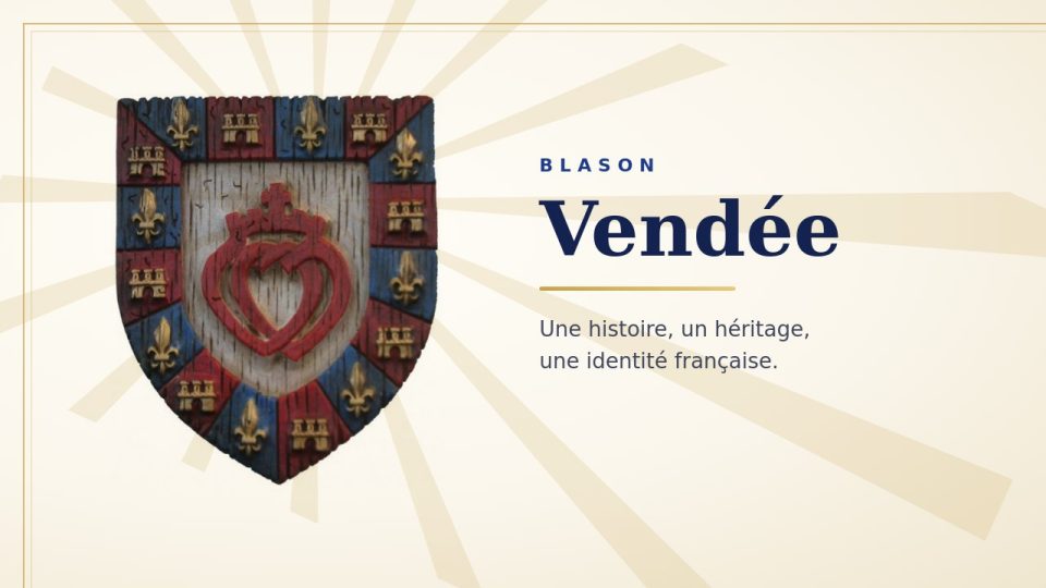 Blason de la Vendée : cœur double rouge couronné et surmonté d’une croix, bordure de fleurs de lis et de châteaux